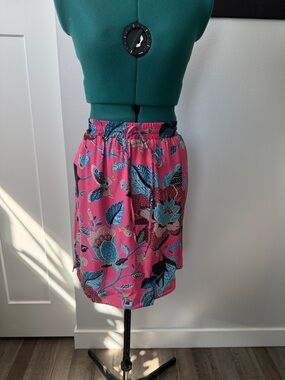 LOFT Pink Floral Elastic-Waist Midi Skirt